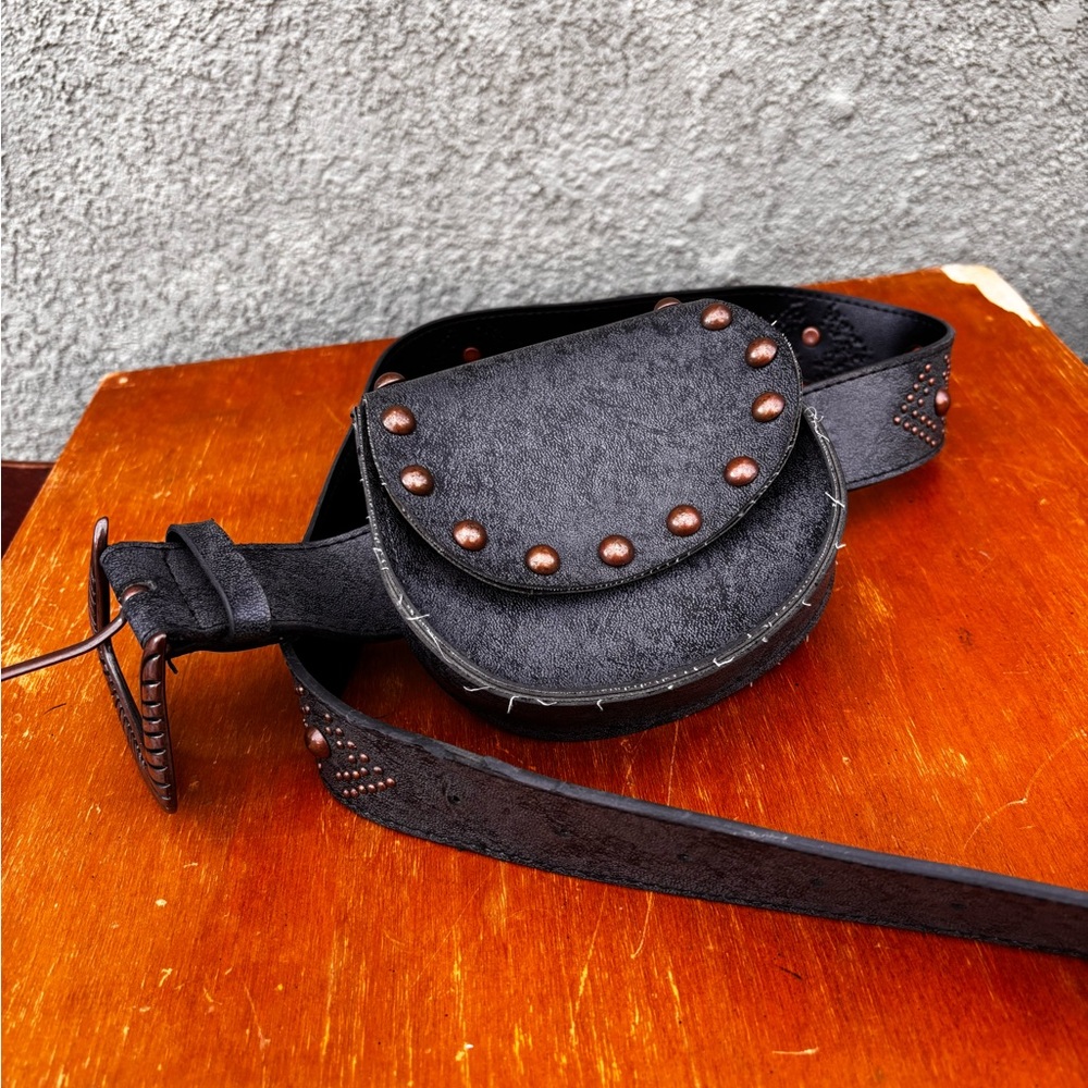 Black Studded Leather Belt Bag - Women Accessories